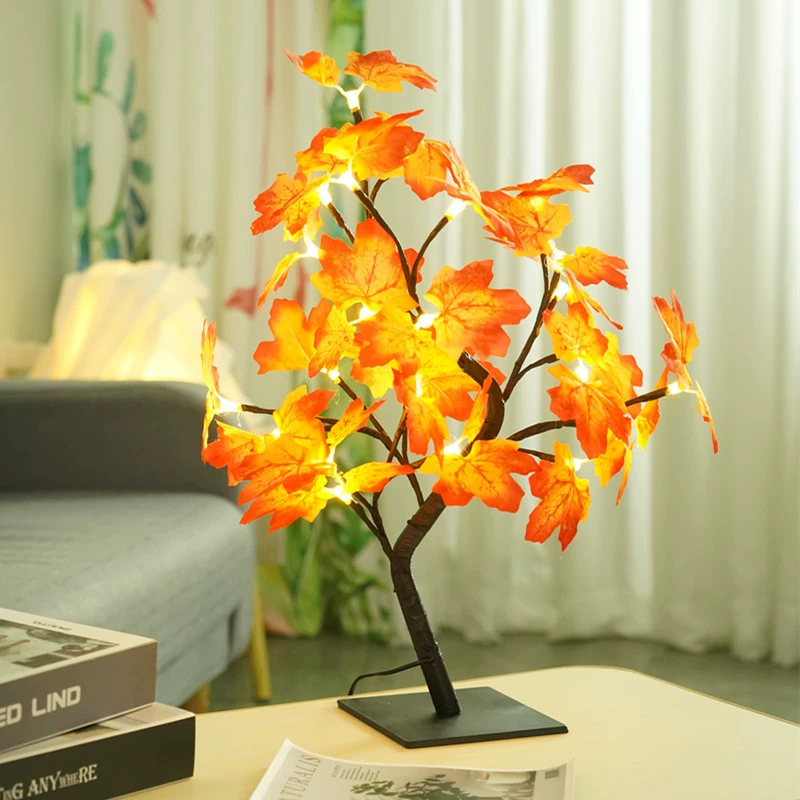LED Maple Leaf USB Tree Lamp, 24-Leaf Warm White, Decorative Lantern Night Light, 39 cm