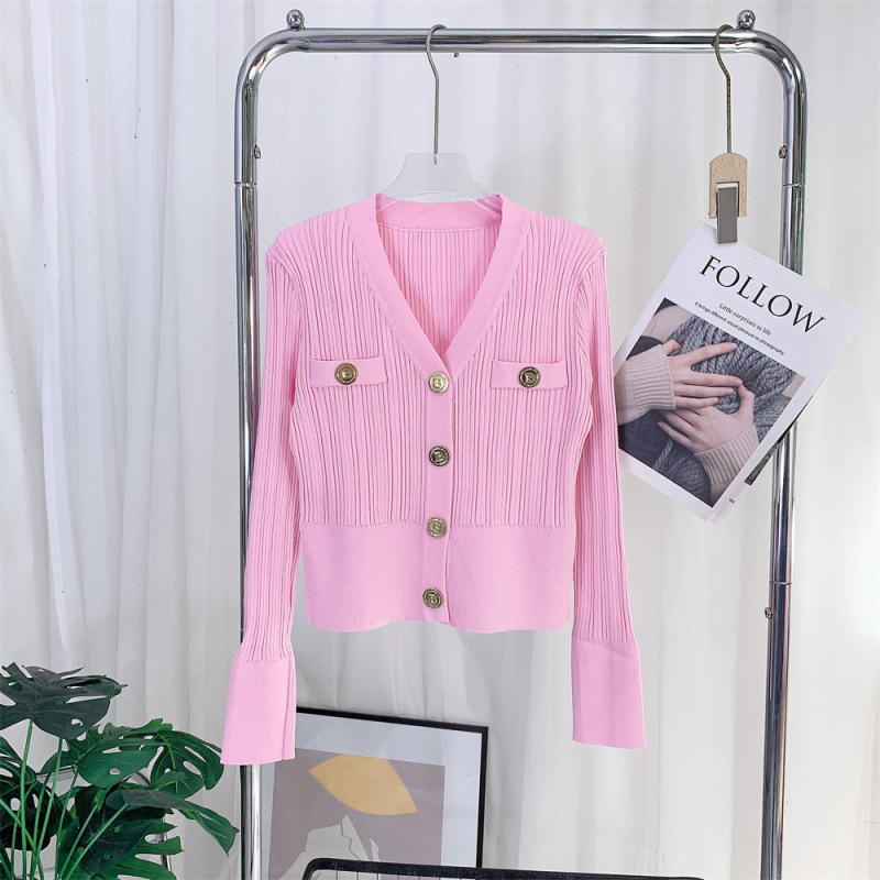 24 Spring and Summer New Women's Golden Button Klein Blue Slim-fit Collar Long-sleeved All-match Short Sweater Cardigan