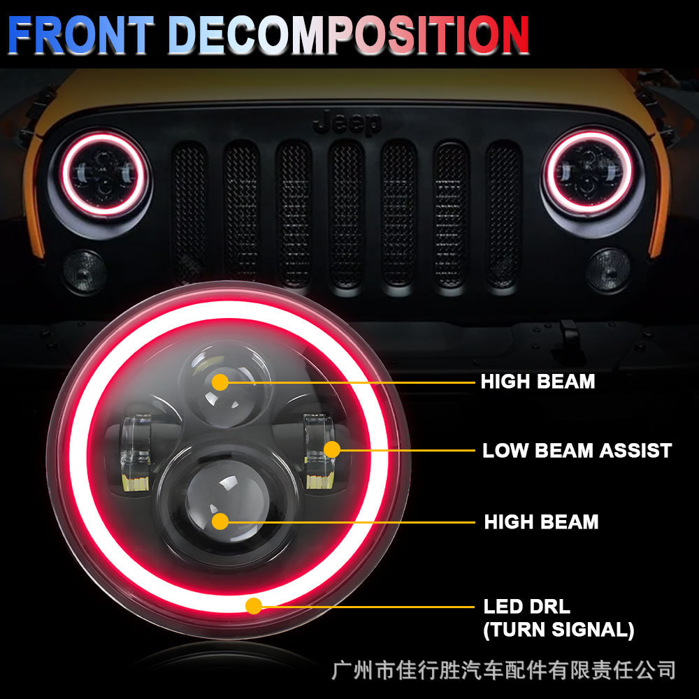 Cross-Border Full-Circle 4-Bead Wrangler Headlight Car Light Motorcycle Modification 7inch Angel Eye Led Car Light Work Light