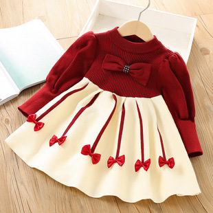 Girls' Dress Fashionable Winter New Style Korean Style Kidsren's Baby Knitted Bow Puff Sleeve Sweater Dress