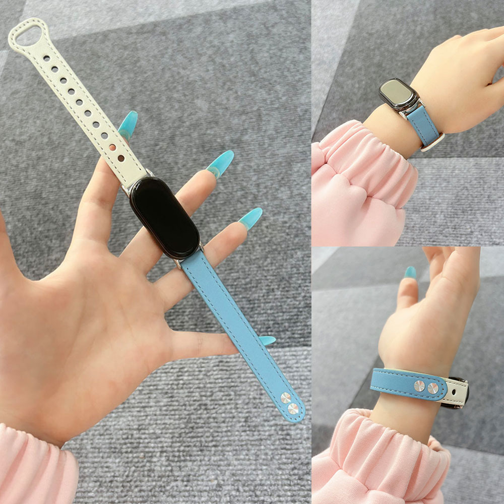Suitable for Xiaomi Mi Band 9 Strap Color Matching Fine Double Stud Buckle Xiaomi 10/8 Leather Classy Replacement Strap Wrist Strap