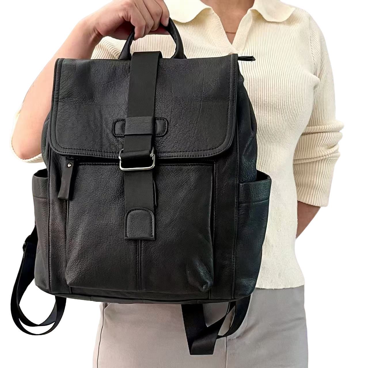 Leather Backpack, Fashionable Men's And Women's Backpack, Black Soft Cowhide Travel Backpack_voghion.com