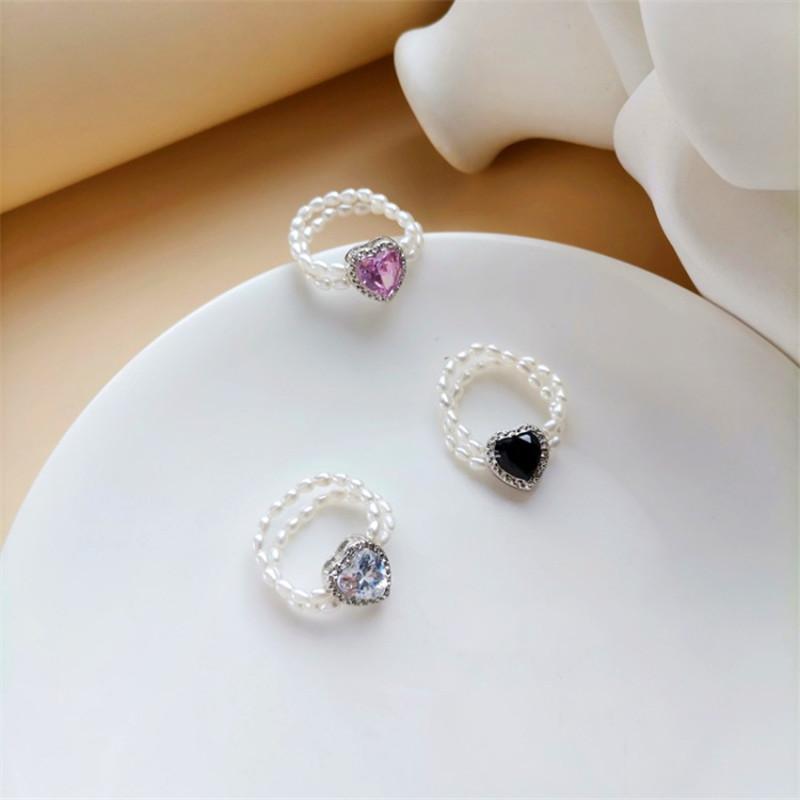 8g Weight Rhinestones Inlay Material Simple Style Heart Shape Rhinestones Artificial Pearl Wholesale Rings