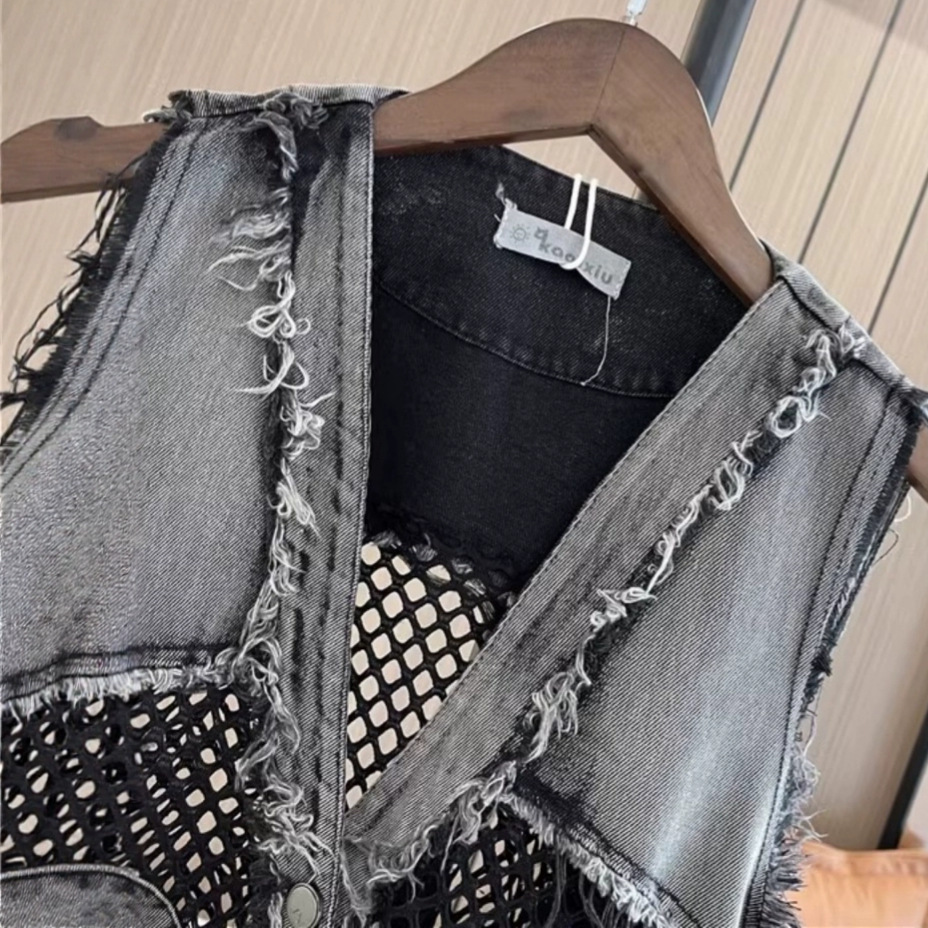 Productos europeos American Street Cowboy Chaleco Mujer 2025 Primavera y otoño Nuevo estilo Diseño de costura de malla Chaleco corto Top Tendencia