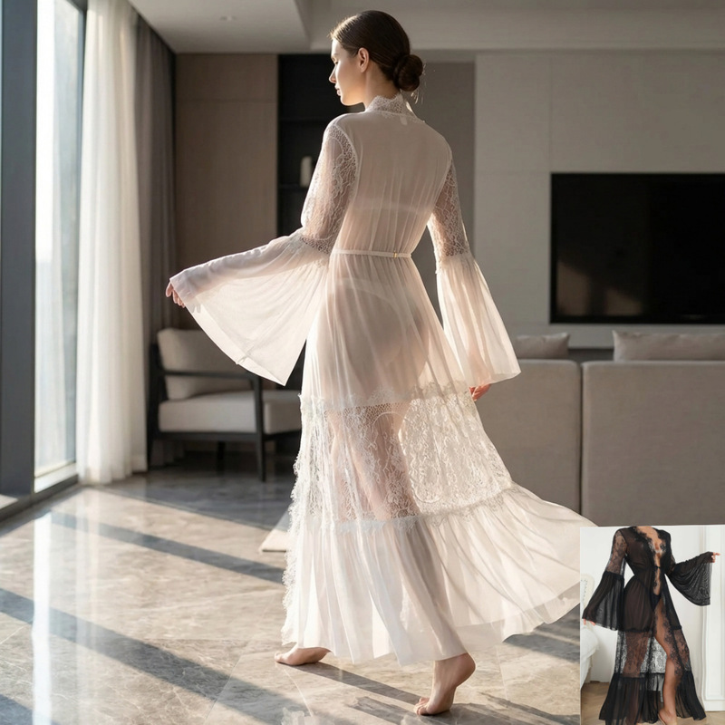 Mesh Lace Bell Sleeves Sexy See-Through Long Nightgown Pajamas Home Wear French Style Bride Wedding Vacation Sun Protection