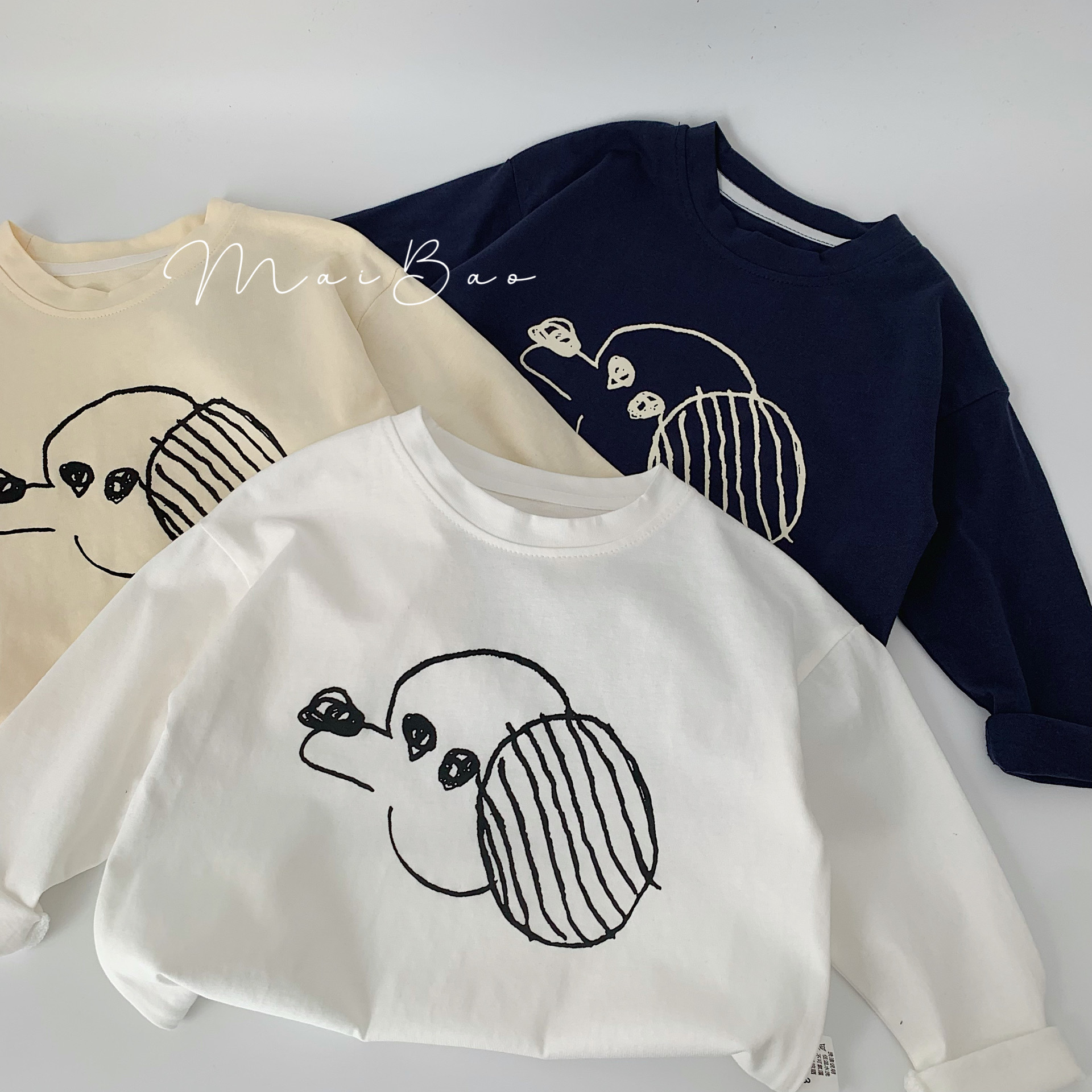 Maibao camiseta para niños 2024 primavera Niños de manga larga de algodón puro ropa interior para bebés nuevos dibujos animados para Niños Top impreso