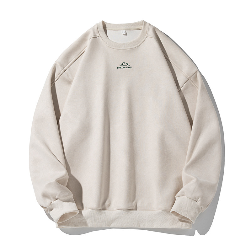 Męska bluza zamszowo-polarowa z okrągłym dekoltem, oversize'owy top typu streetwear z podzielonym panelem i haftowanym napisem_voghion.com