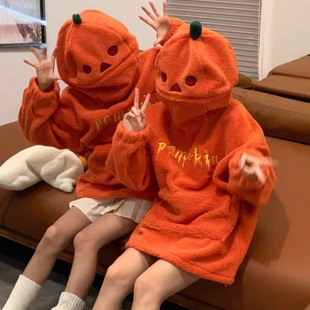 Autumn and Winter Leisure 2024 National Fashion Brand American Style Retro Pumpkin Hooded Sweat Women's regular Youth New Pullover