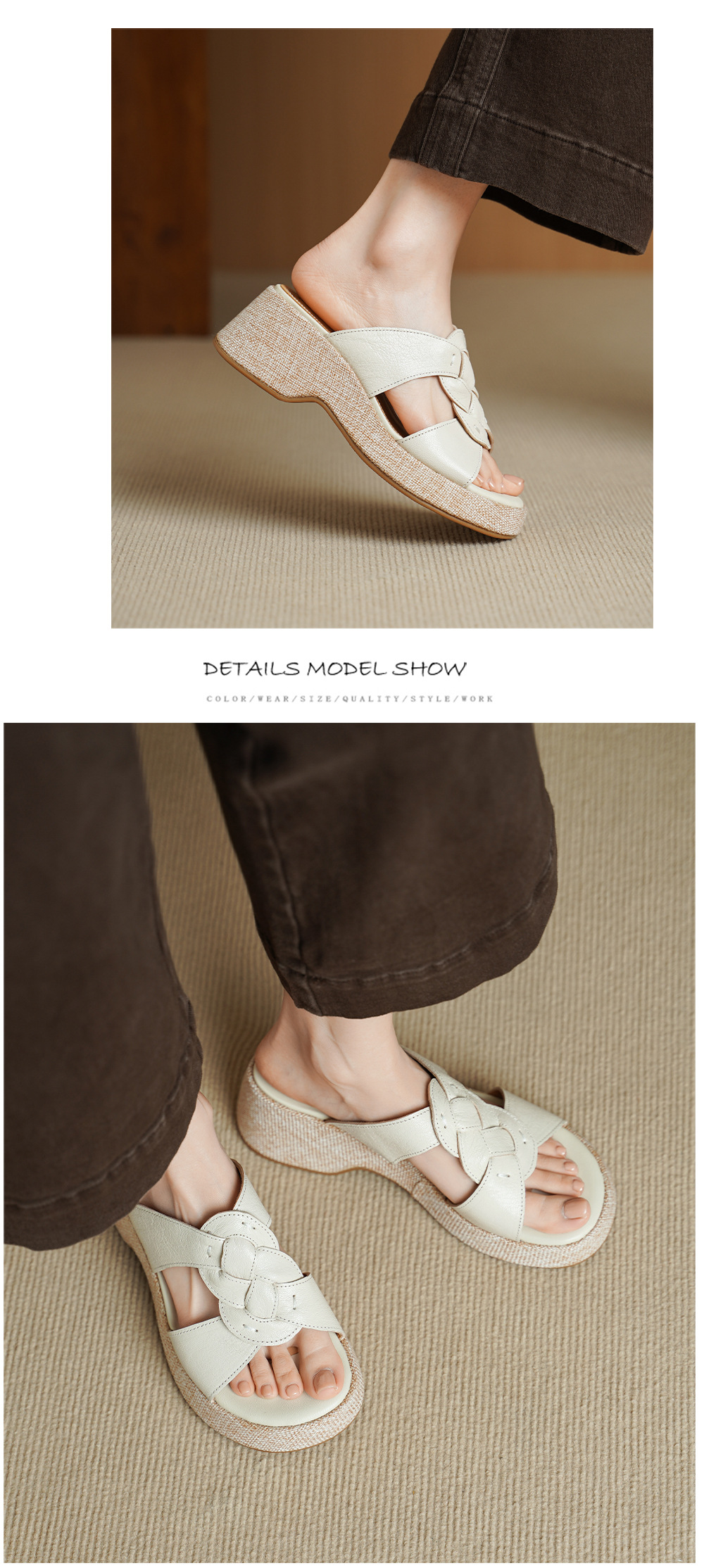 Sandal nữ da cừu gót xuồng hở mũi phong cách vintage — màu trắng ngà chi tiết 6