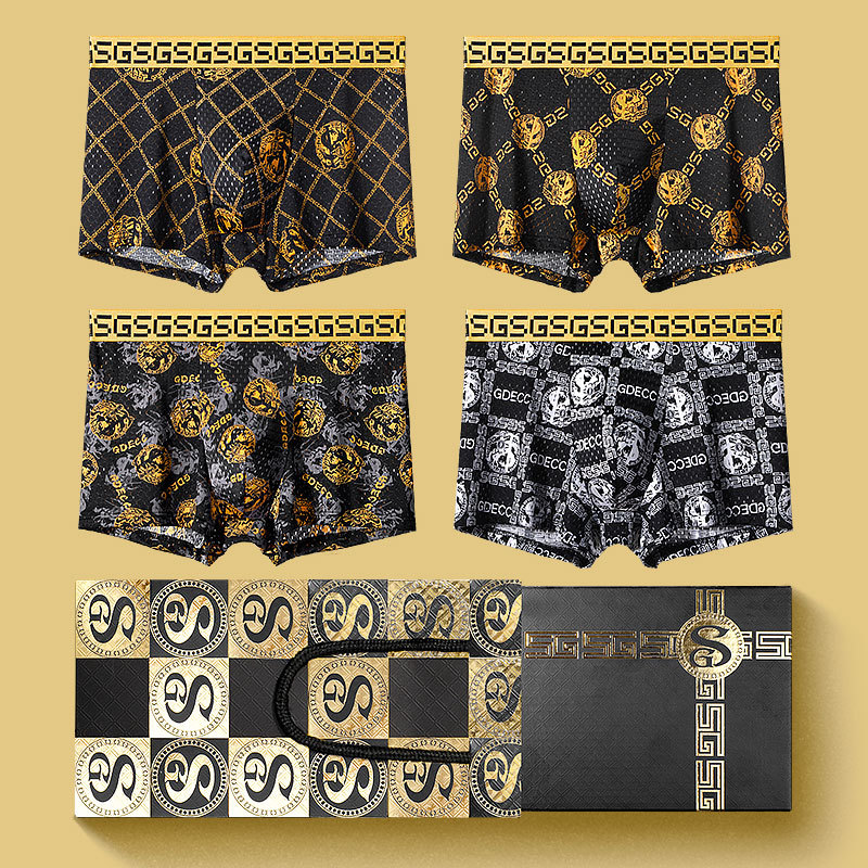 Men's underwear printed with national trend men's pants, fashionable and trendy, personalized straight-leg pants, summer breathable mesh four-corner shorts