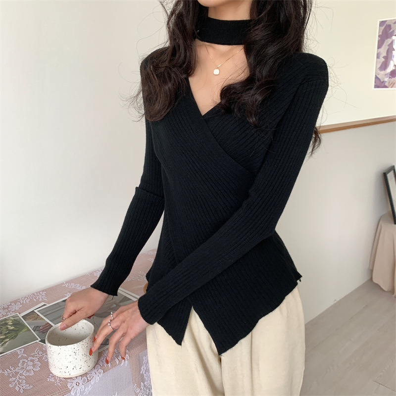 Solid Color Halter Neck Cross Stitching Sweater NSFYF113714
