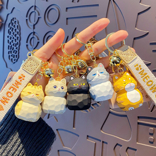Cartoon Original Wood Carving Style Meow Meow Series Orange Cat Model Trendy Fashion Car Key Holder Cute Bag Charm