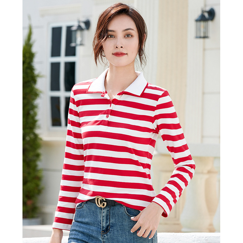 Early Autumn New Stripe-controlled Long Sleeve Lapel Women's T-shirt Fashion All-match Cotton Slim-fit Women's Top 112-1