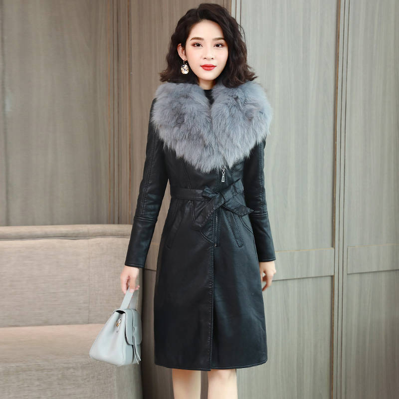 大毛领冬季皮衣女加绒加厚中长款韩版2025新款修身显瘦收腰皮外套|undefined