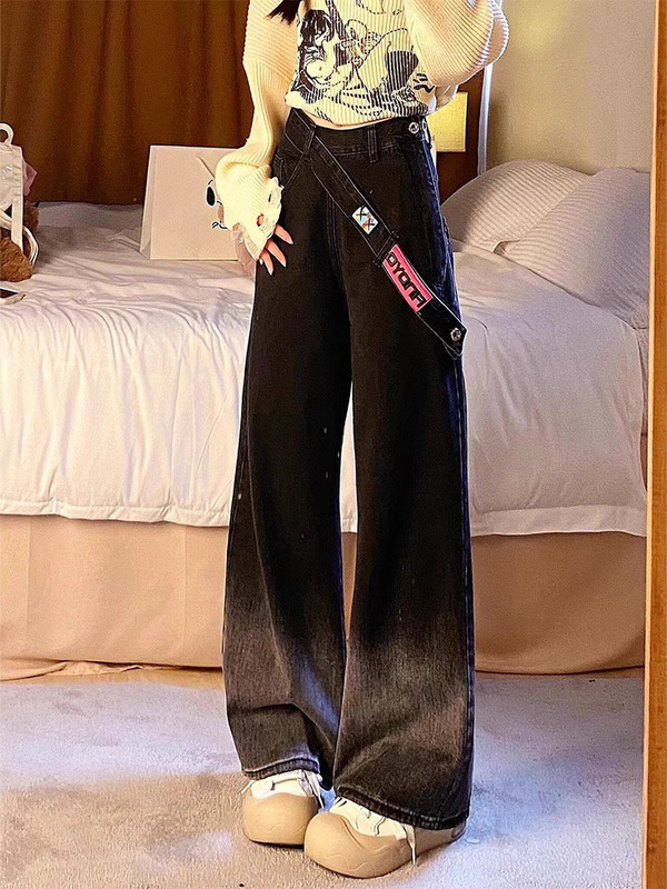 渐变黑灰色侧边拉链阔腿牛仔裤女春秋季美式复古高街直筒高腰裤子|undefined