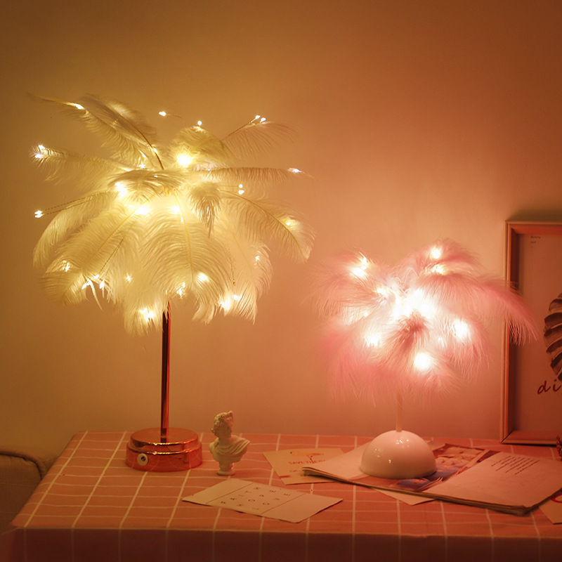Lámpara de plumas lámpara de mesa lámpara de alambre de cobre diente de león ins lámpara de mesa de plumas Internet celebridad habitación romántica Lámpara decorativa Cadena de luz nocturna