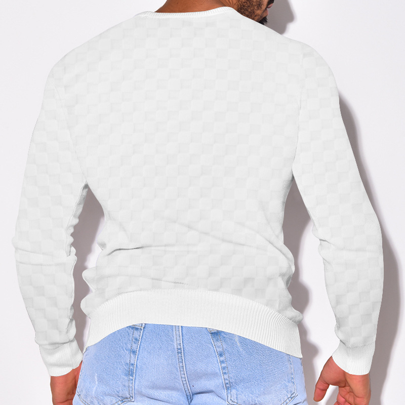 2024 Men's Spring and autumn  men's knitted shirt with jacquard chessboard plaid round neck casual bottom long sleeved top_voghion.com