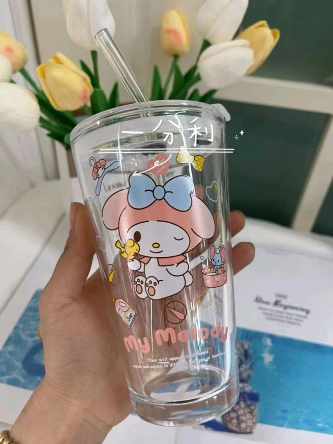 Sanrio vidrio red paja roja taza chica corazón escala taza de leche bebida jugo INS estilo leche taza de té con tapa