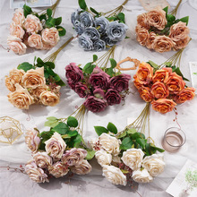 9头复古球玫瑰仿真假花束成品人造绢花婚庆地排高级造景婚礼布置