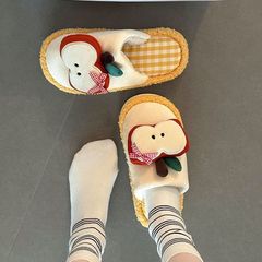 可爱卡通苹果包头毛毛拖鞋女2025秋冬新款格子拼色外穿防滑棉拖鞋