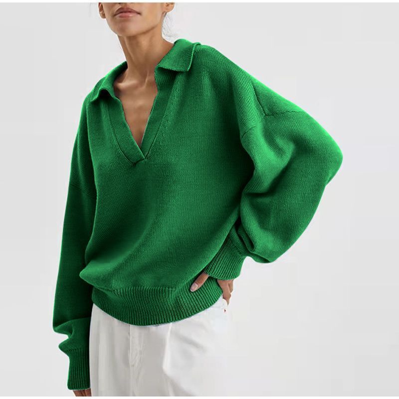 Cross-border AliExpress in the spring and autumn of 2022 Amazon Europe and the United States new women's knitted polo collar pullover green sweater
