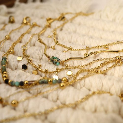 ins natural stone titanium steel bracelet French retro hand-beaded non-fading light luxury stacked African turquoise bracelet