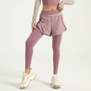 Cross-Border Color-Blocking Fake Two-Piece Yoga Pants Anti-Exposure Running High-Waist Tummy Control Naked-Feel Sports Breathable Tight-Fitting High-Elasticity