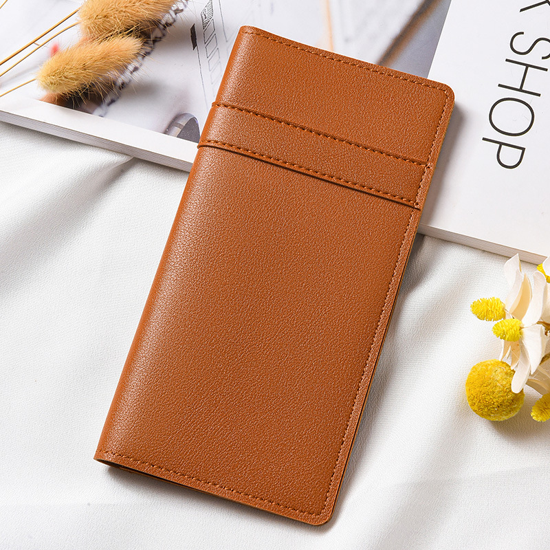 Cartera larga de color liso con diseño de patchwork para mujer, bolso de mano ligero con cierre, tarjetero con múltiples ranuras para tarjetas, cartera de cuero versátil y moderna.