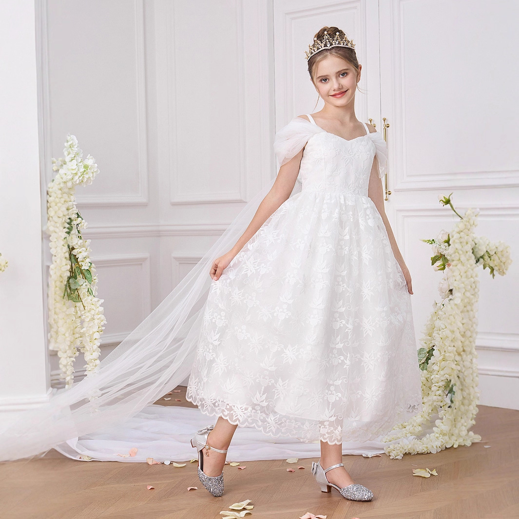 Vestido de novia blanco para niñas vestido de princesa hinchado vestido de noche de anfitrión pequeño de un hombro vestido de fiesta de piano de niña de las flores
