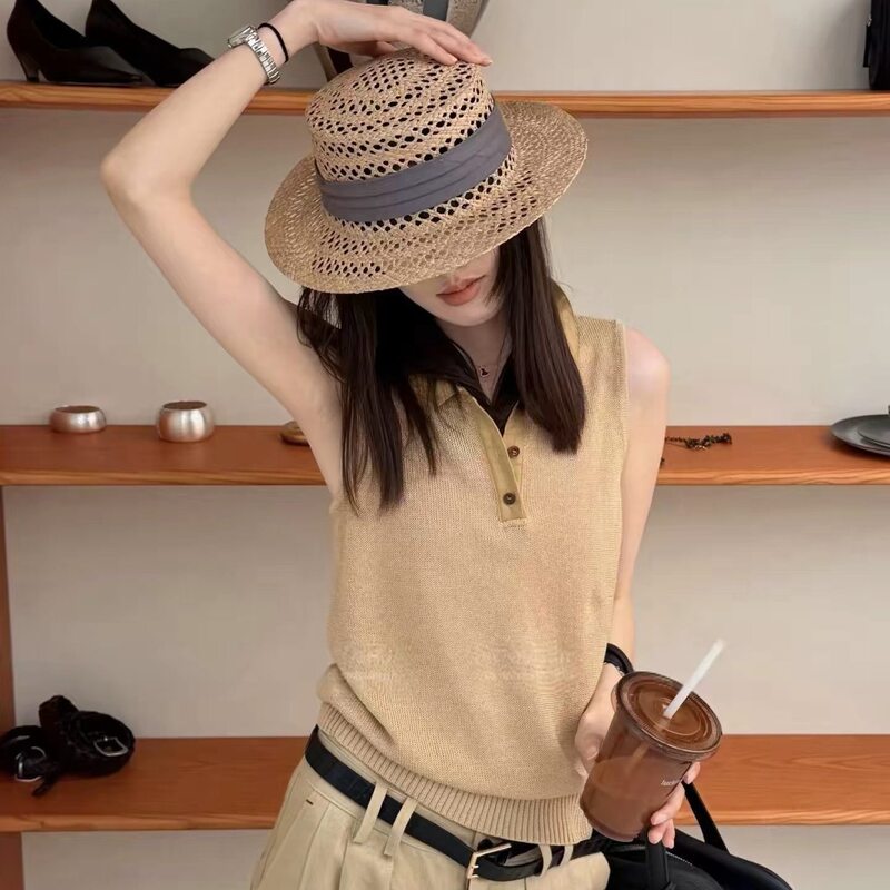 Onivinta European-Style Paper Yarn Polo Collar Sleeveless Knit Vest for Women, Summer Casual Versatile Western-Style Top Onivinta European-Style Paper Yarn Polo Collar Sleeveless Knit Vest for Women, Summer Casual Versatile Western-Style Top