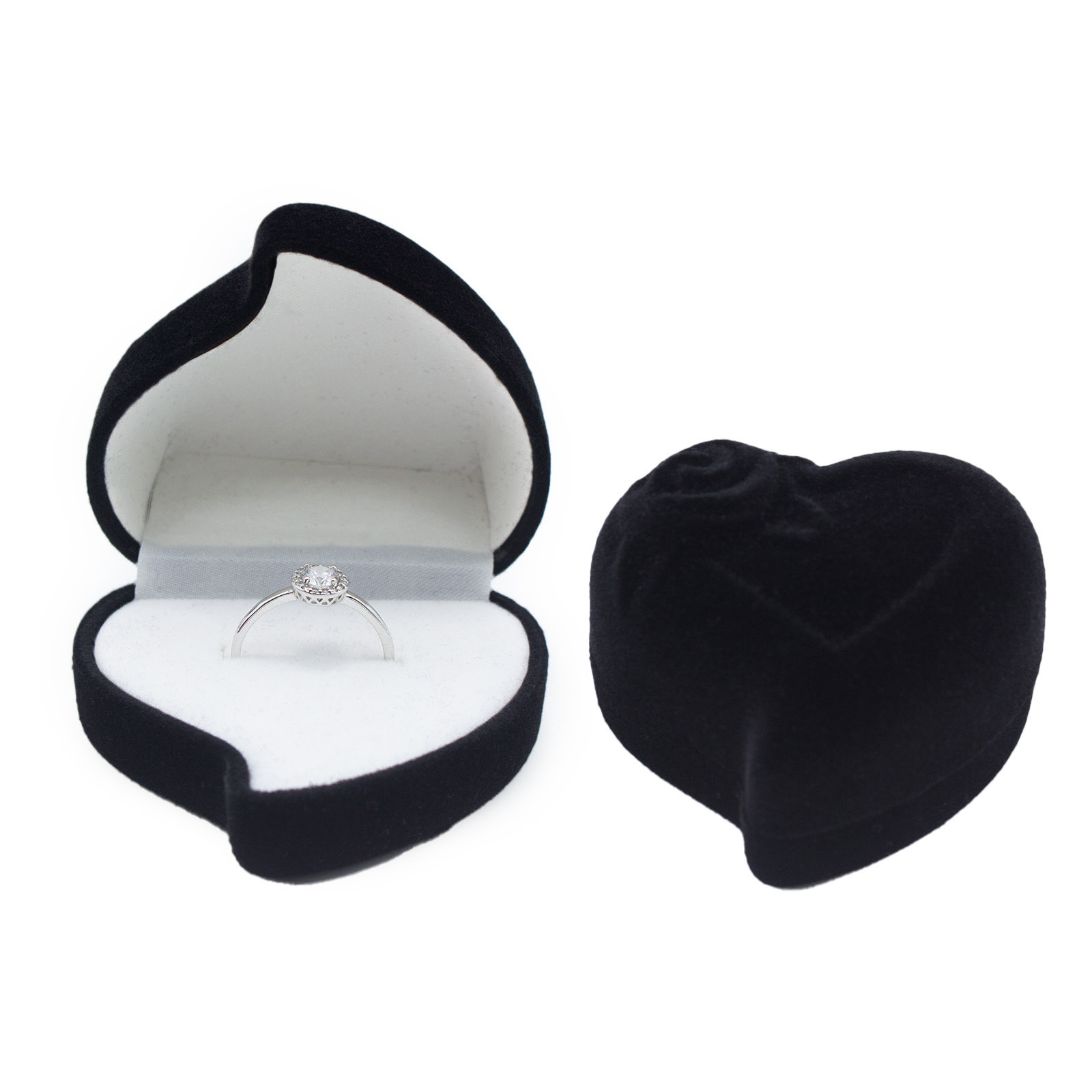 Caja para anillo individual con forma de corazón, diseño floral inclinado, color melocotón, exterior negro e interior blanco; 60*60*40mm