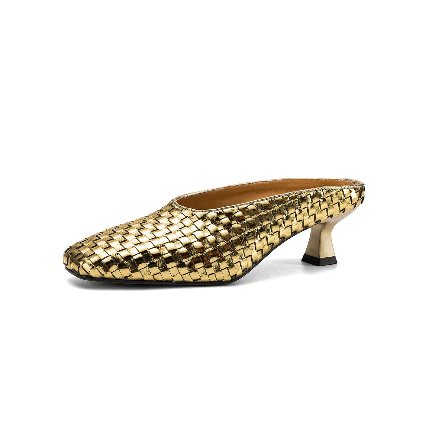 Sandal nữ mũi nhọn dệt vàng, gót 5 cm, phong cách thời trang — màu vàng