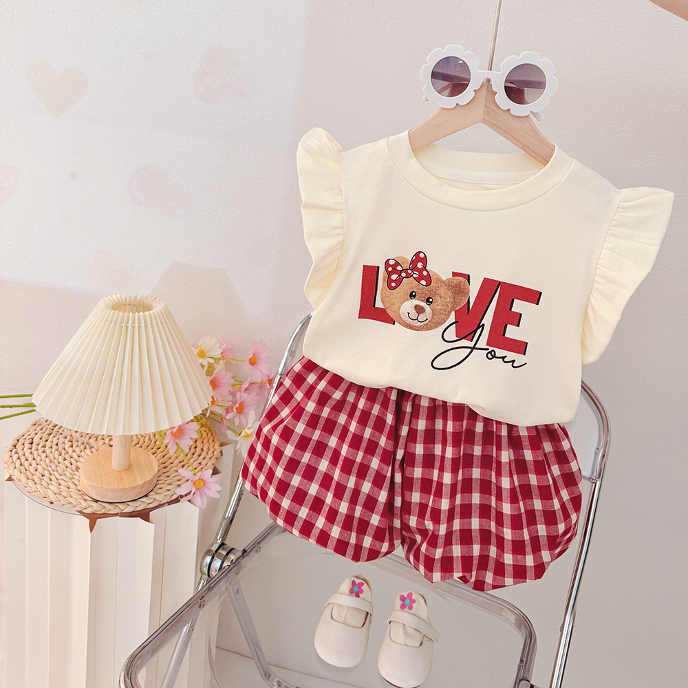 3372 Summer Girls' Plaid Shorts Two-Piece New Korean Style Baby Girls' Short-Sleeved Top Western Style Summer suit