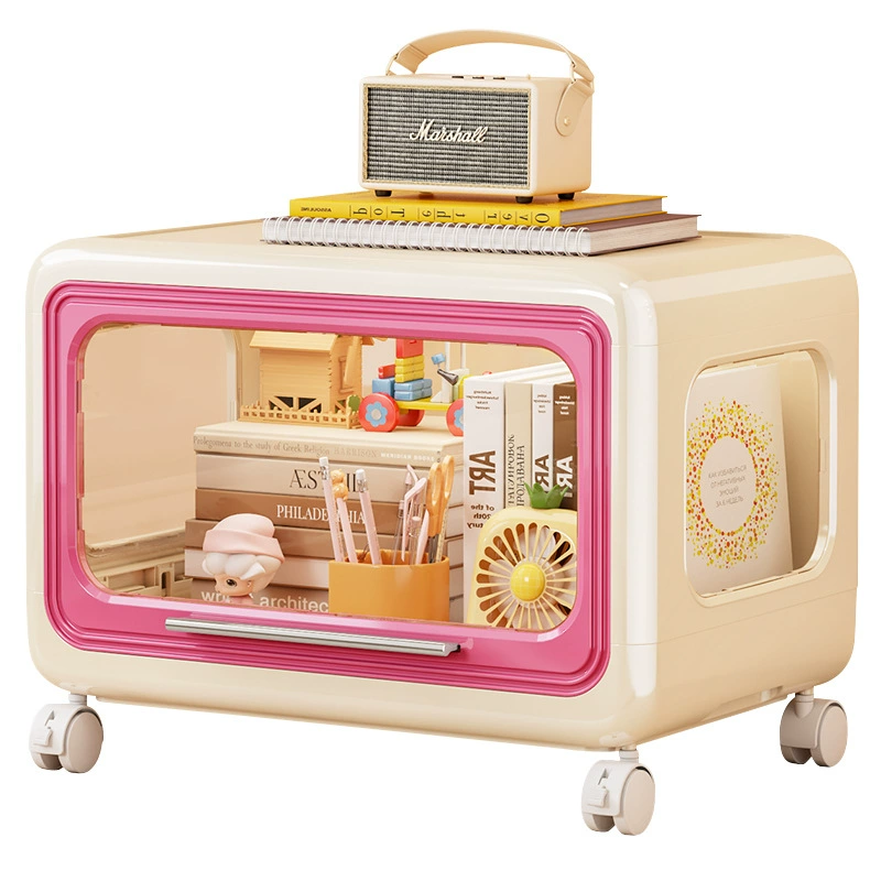 Dustproof stackable storage cabinet, cartoon kids organizer, multi‑layer with removable casters