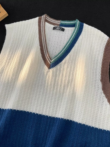 Japanese Retro Knit Sweater Casual Backless Vest Cardigan Men and Women Color Block V-Neck Hooded Wool Sweater