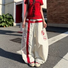 美式嘻哈街头运动条纹拼接爵士舞弯刀裤女夏季宽松显瘦垂感阔腿裤