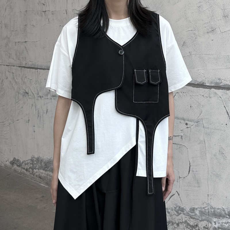 Unique Designer Yamamoto Dark Style Exposed Stitching Irregular Vest for Women, New Summer Thin Designer Vest