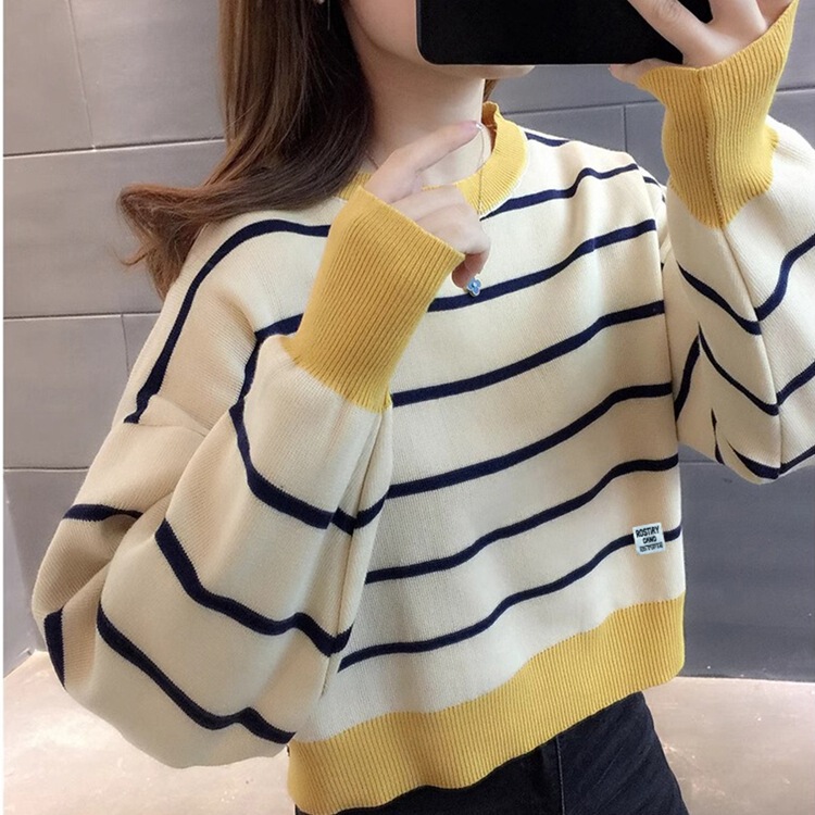Big Sale Sale 70 Pieces of Lazy Style Knitwears with Niche Design, Loose Tops, Contrasting Stripesd Long-Sleeved Knitwears for Women