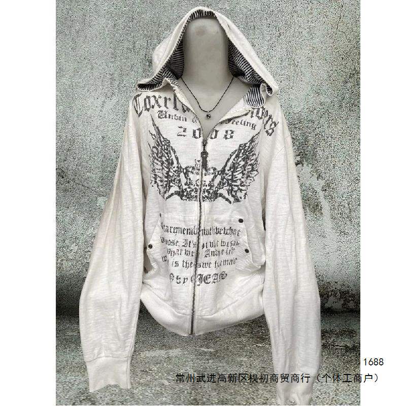 American retro high-street lettered gray hooded sweatshirt, unisex, loose-fitting, relaxed style, zip-up cardigan-style jacket.