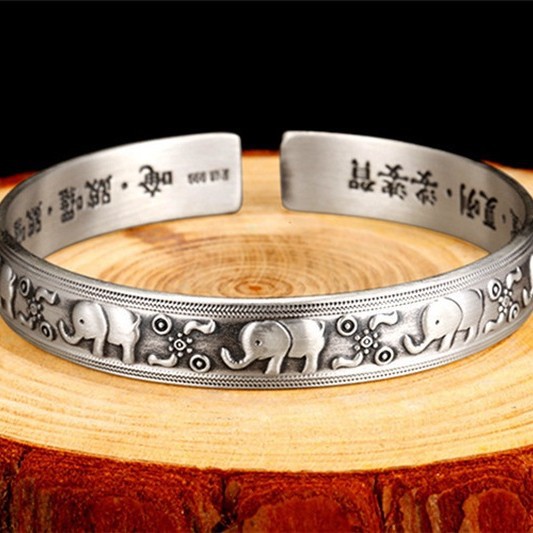 Retro plata tailandesa auspiciosa elefante hermoso significado abierto anillo de brazalete encantador brazalete de escritura Dorouni