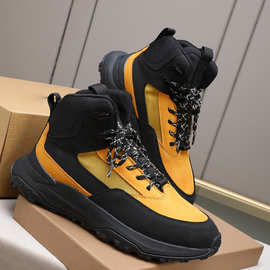 欧洲站户外登山徒步鞋男真皮厚底撞色休闲短靴系带防滑耐磨高帮鞋