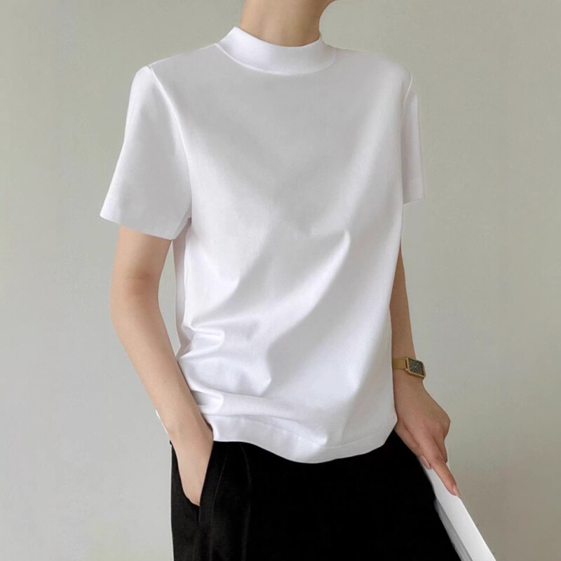 Minimalist Design, Back-Stitched Pure Cotton T-Shirt for Women, Short-Sleeved, Loose-Fitting, Stand-Up Collar, Versatile Top Minimalist Design, Back-Stitched Pure Cotton T-Shirt for Women, Short-Sleeved, Loose-Fitting, Stand-Up Collar, Versatile Top