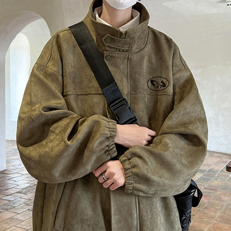 Chaqueta pesada con etiqueta de gamuza japonesa suelta retro para hombre, chaqueta de solapa gruesa de la marca de moda cityboy de otoño e invierno para hombre