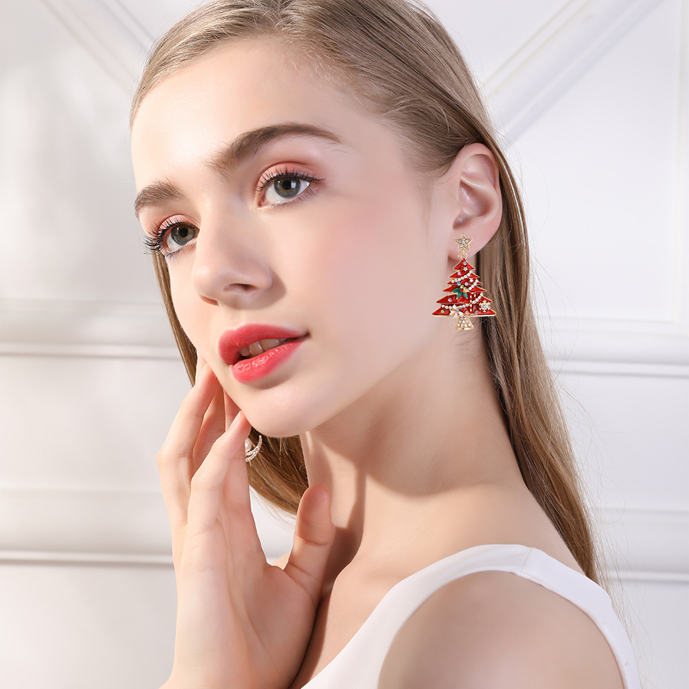 Christmas tree earrings for women niche design fashionable exquisite Christmas earrings alloy oil drop diamond high end earrings_voghion.com