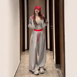 休闲时尚运动套装女早秋拼色大兜帽短款卫衣抽绳宽松阔腿裤两件套