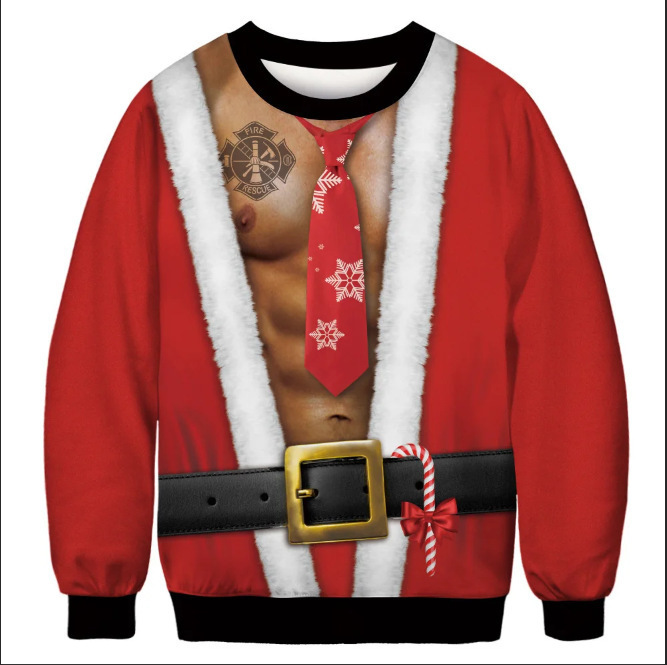 Transfronterizo europeo y americano 2024 Navidad HAPPY3D impresión digital pareja de hombres y mujeres suéter de cuello redondo para niños cabello de una pieza