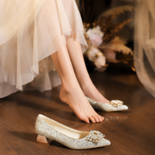C355A-103 Korean Banquet Women's Shoes Low Heel Shoes Thick Heel Shallow Mouth Pointed Bow Shoes Wedding Shoes 34-43