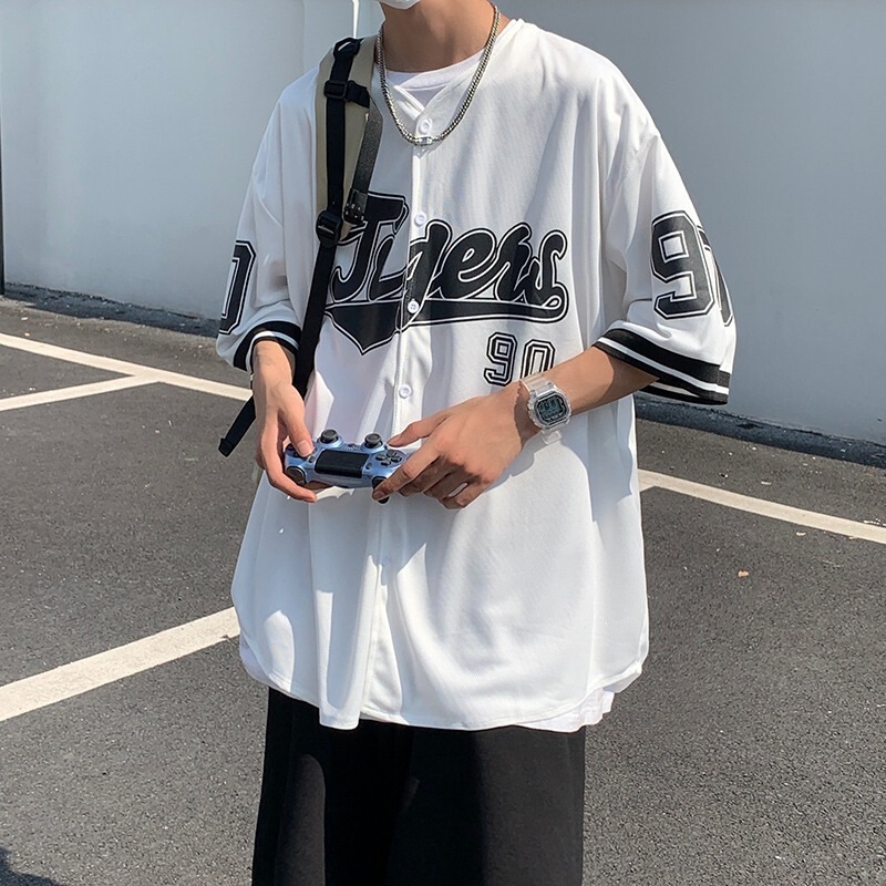 Retro Baseball Uniform Shirt Loose Cardigan Printed Short-Sleeved T-Shirt for Men and Women Summer Ins Hong Kong Style Half-Sleeved T-Shirt