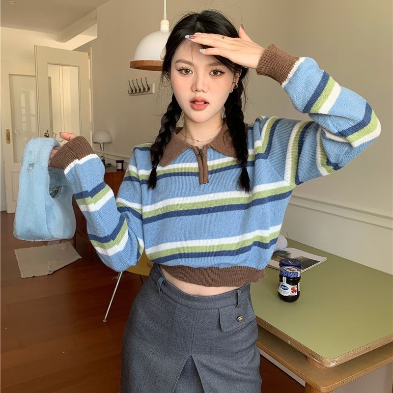 新品半拉链polo领撞色条纹针织衫女秋冬宽松超好看长袖打底衫内搭