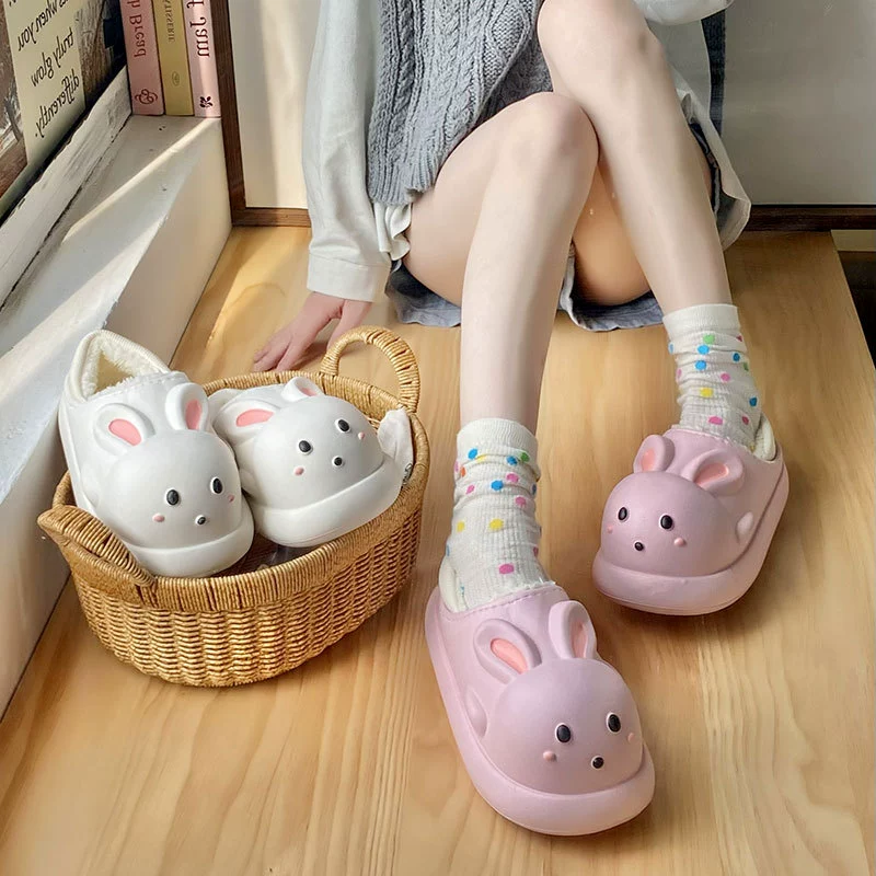 Водонепроницаемые хлопчатобумажные тапочки для женского наружного ношения зимой толстая подошва для дома противоскользящая теплая родительская милая кролик детская хлопчатобумажная обувь